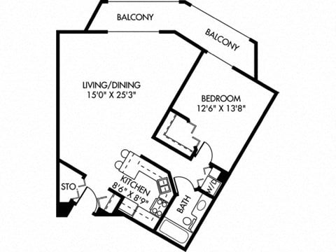 Floor plan for 1 bed, 1 bath, 822 sqft